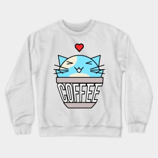 Happy cat in coffee cup with warped text heart on head blue Crewneck Sweatshirt